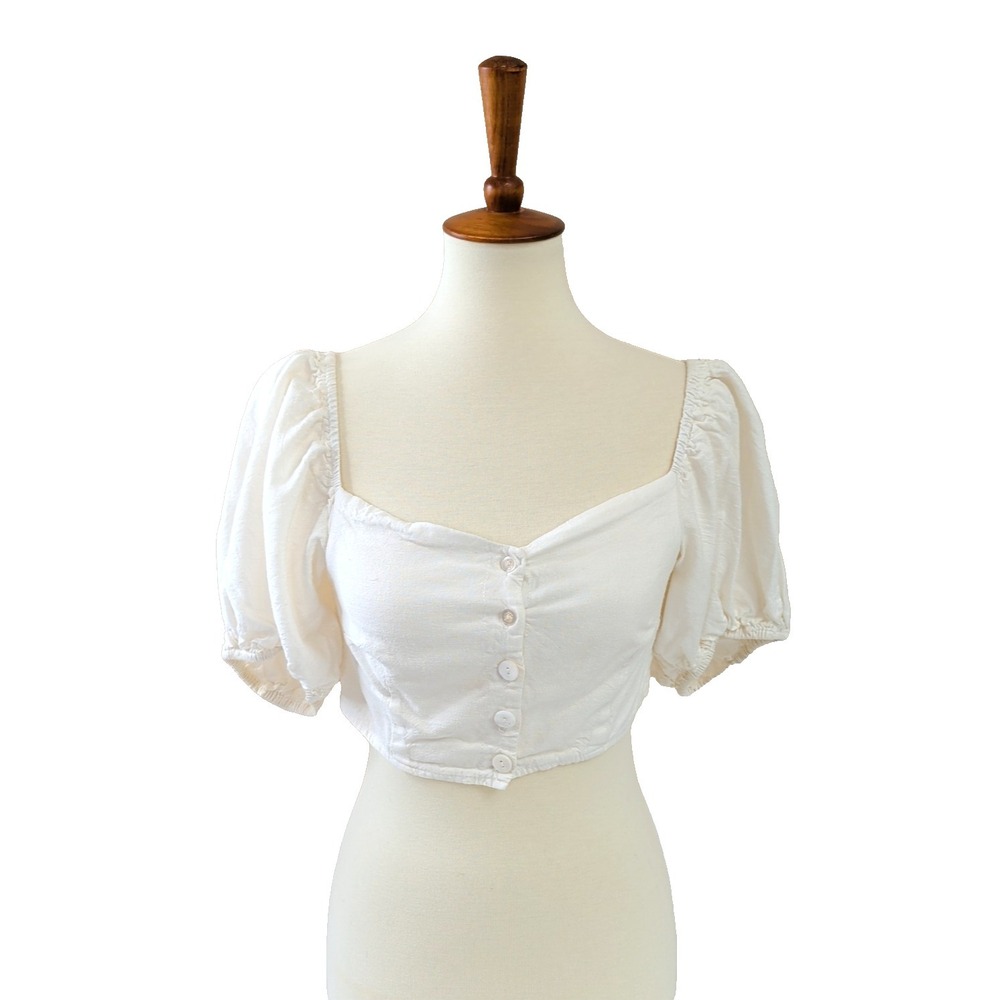 Girl And‎ The Sun Mimi Milkmaid Crop Top Women S White Puff Sleeve Cottage Boho
